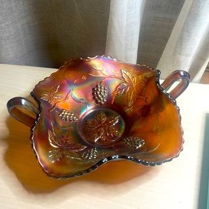 Real Carnival Glass Fenton Vintage  Autumn Acorn Dish Pink Red Orange Purple